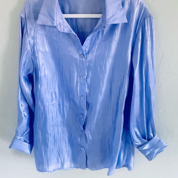 90's Glossy Satin Iridescent Button Down Blouse Violet Shot Silk SZ 4 SMALL NEW! - Picture 8 of 10